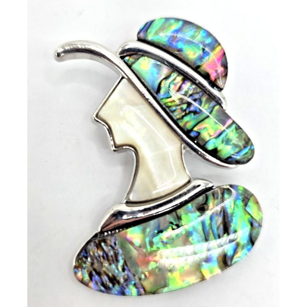 Shell Lady Brooch or Pendent Silver Tone Natural Abalone Shell MOP Silver Tone